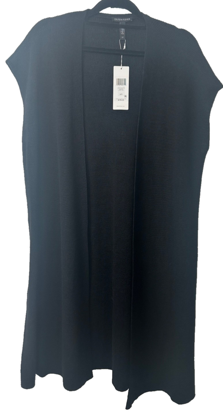 NEW Eileen Fisher Long Vest Women's S Black Organic Cotton Linen Sleeveless A14